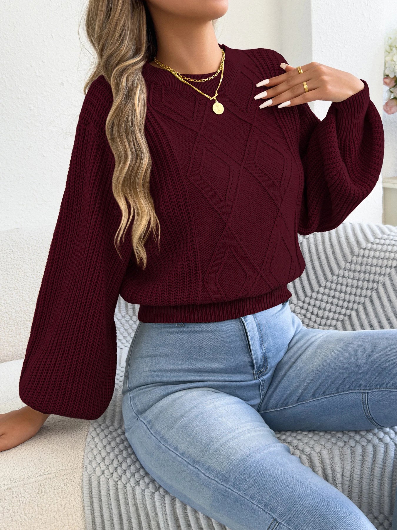 Women’s Round Neck Lantern Sleeve Knitted Sweater – Solid Color Autumn Winter 2025 Knitwear (Yellow, Red, Khaki)
