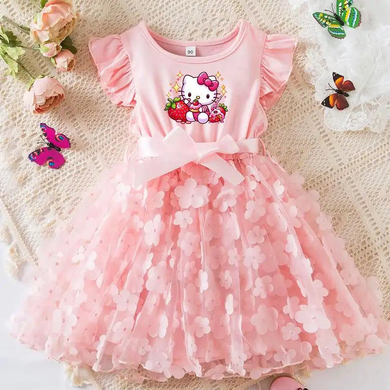Hello Kitty Girls Tulle Flower Princess Dress | Wedding & Party Tutu Dress | Sleeveless Birthday Gift Outfit