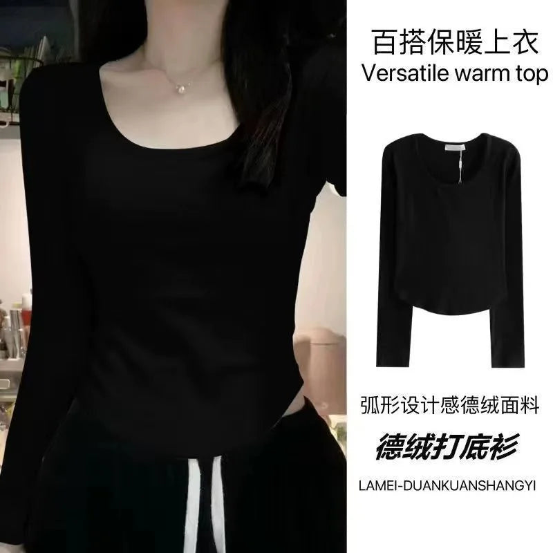 Women's Fleece-Lined Long Sleeve T-Shirt ❄️ Sweet Slim Fit U-Neck Top 👚 Autumn Winter Warm Fashion