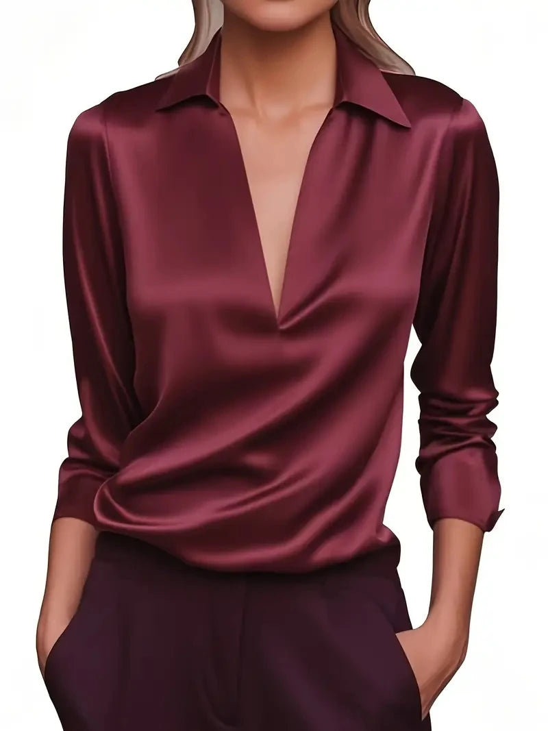 Women’s Elegant Satin Work Shirt – Modern Plain Long Sleeve Collar Top for Casual & Office Wear