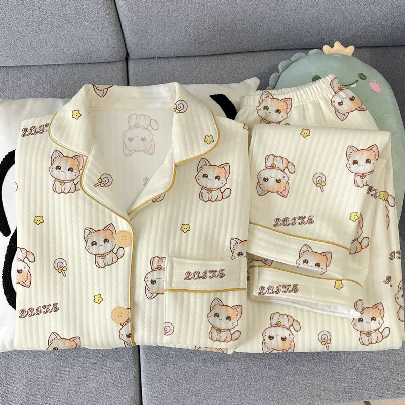 Thickened Air Cotton Women’s Loungewear Set – Lazy Bear Cartoon Long Sleeve Top & Pants 🐻❄️🛋️