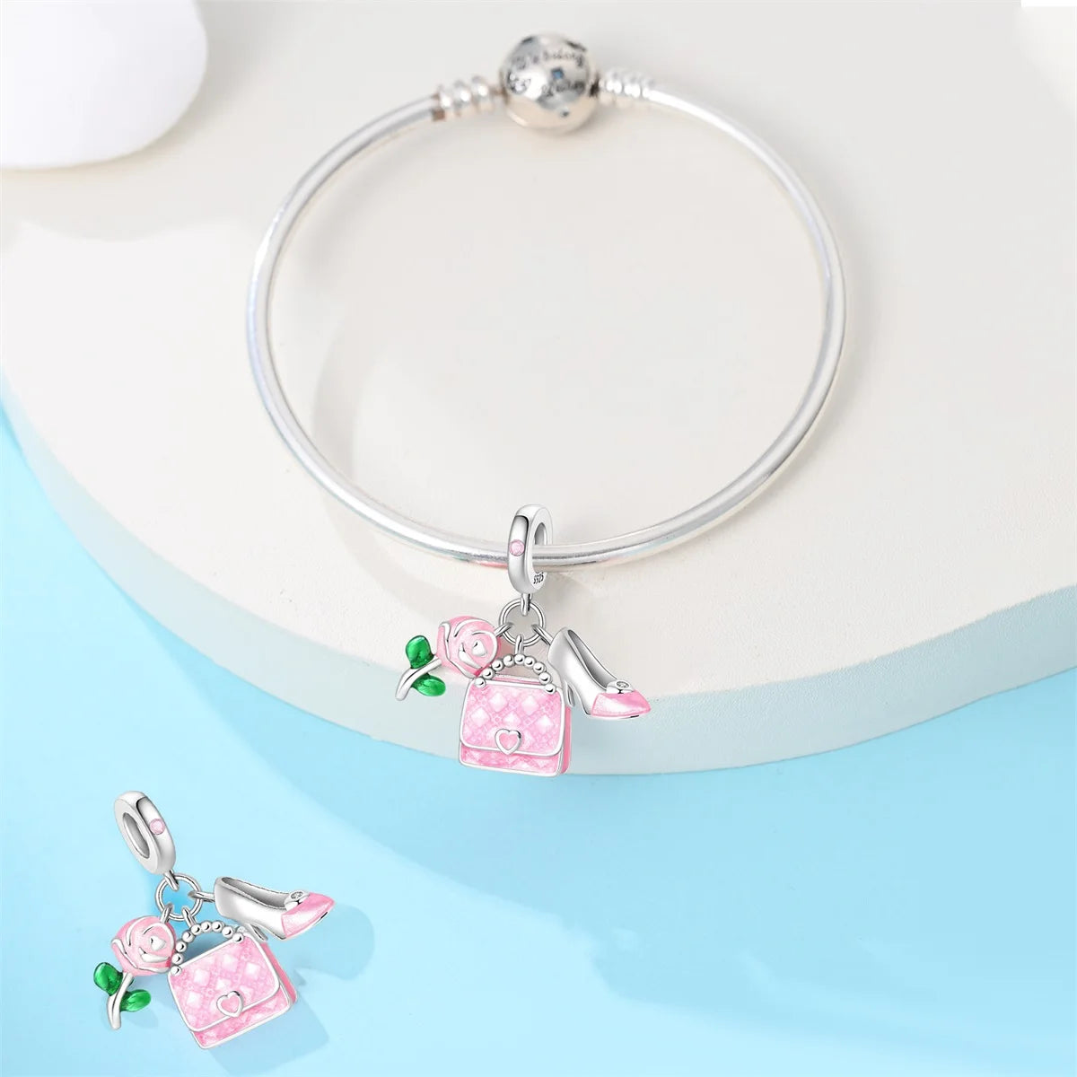 Romantic Pink Flowers 925 Sterling Silver Charms | Bag Lipstick Heart Bow Rose Bead Fit Original Bracelet DIY Jewelry Gift