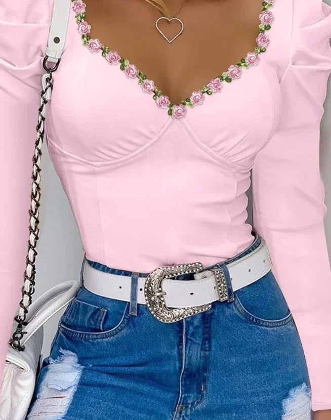 2023 Women’s Floral Puff Sleeve Top | Casual Sexy T-Shirt | Autumn Winter Spring Pullover