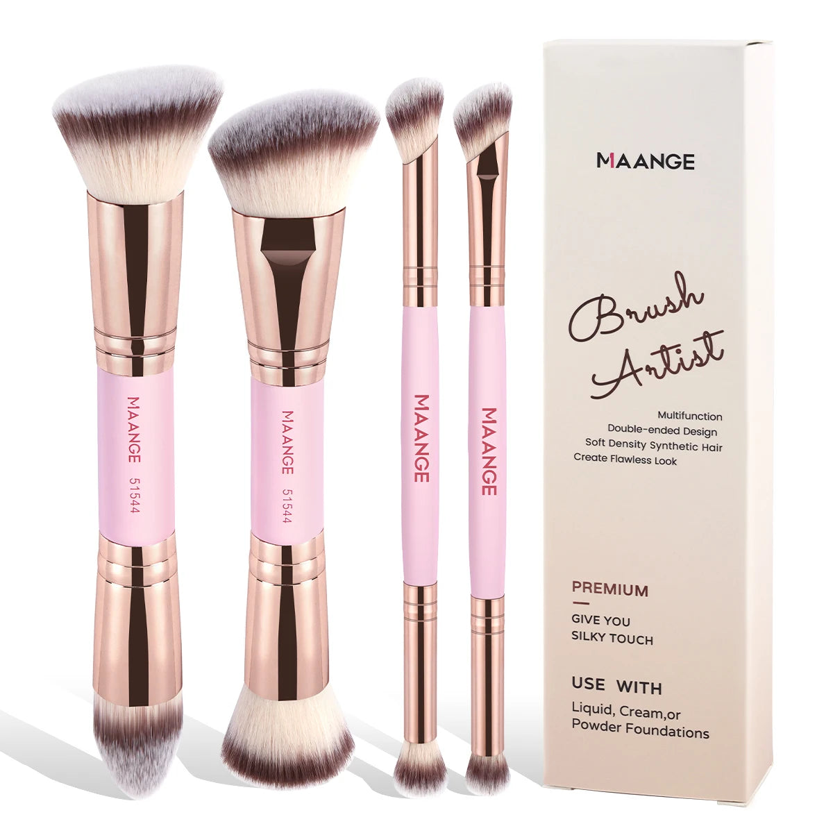 MAANGE 4pcs Basic Makeup Brushes Set with Box – Dual-Ended Foundation, Powder, Blush & Eyeshadow Brushes for Beginners & Travel