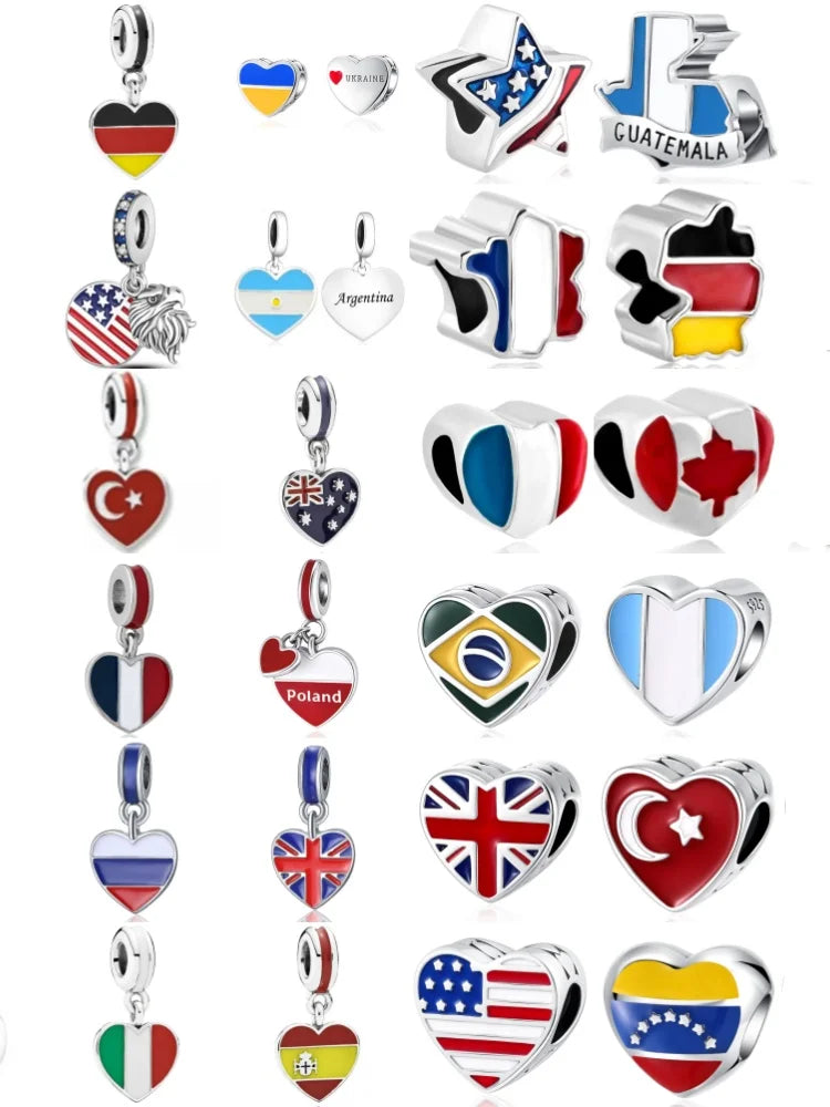 925 Sterling Silver National Flag Charms | Britain, Spain & Brazil Building Beads Fit Pandora Bracelet – Travel Jewelry Accessories