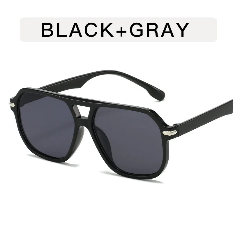 Retro Big Frame Square Sunglasses – Women & Men Double Beam One-Piece Designer Pilot Sun Glasses | Black Circular Cool Shades