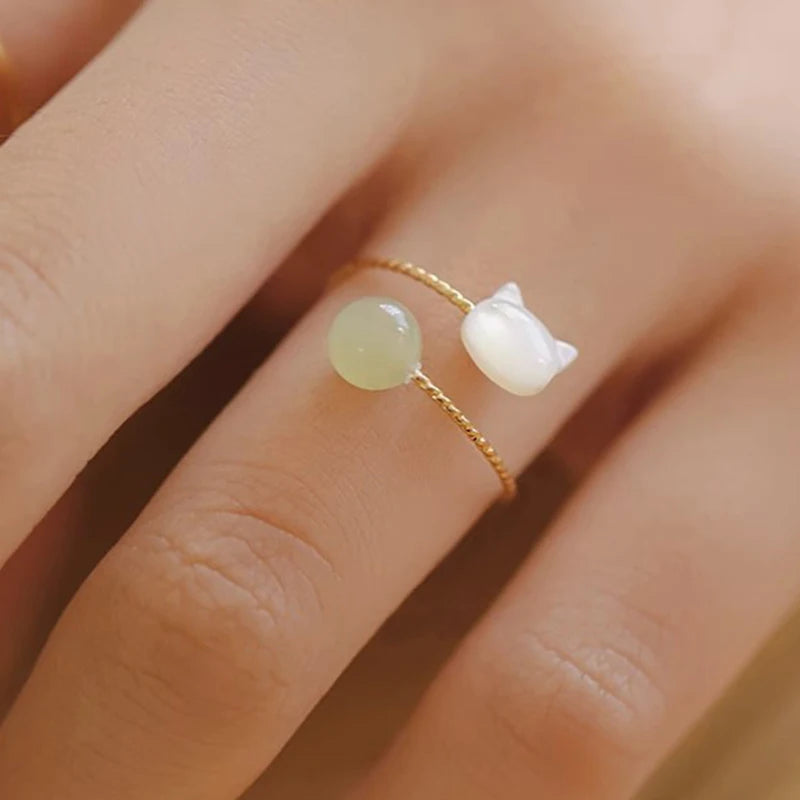 PANJBJ 925 Sterling Silver Hotan Jade Geometric Adjustable Ring | Retro Delicate Jewelry Gift for Women