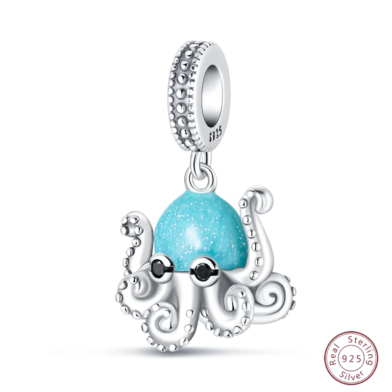 925 Sterling Silver Blue Zircon Ocean Shell Beaded Pendant | Fit Original 3mm Bracelet Women’s Fine Jewelry