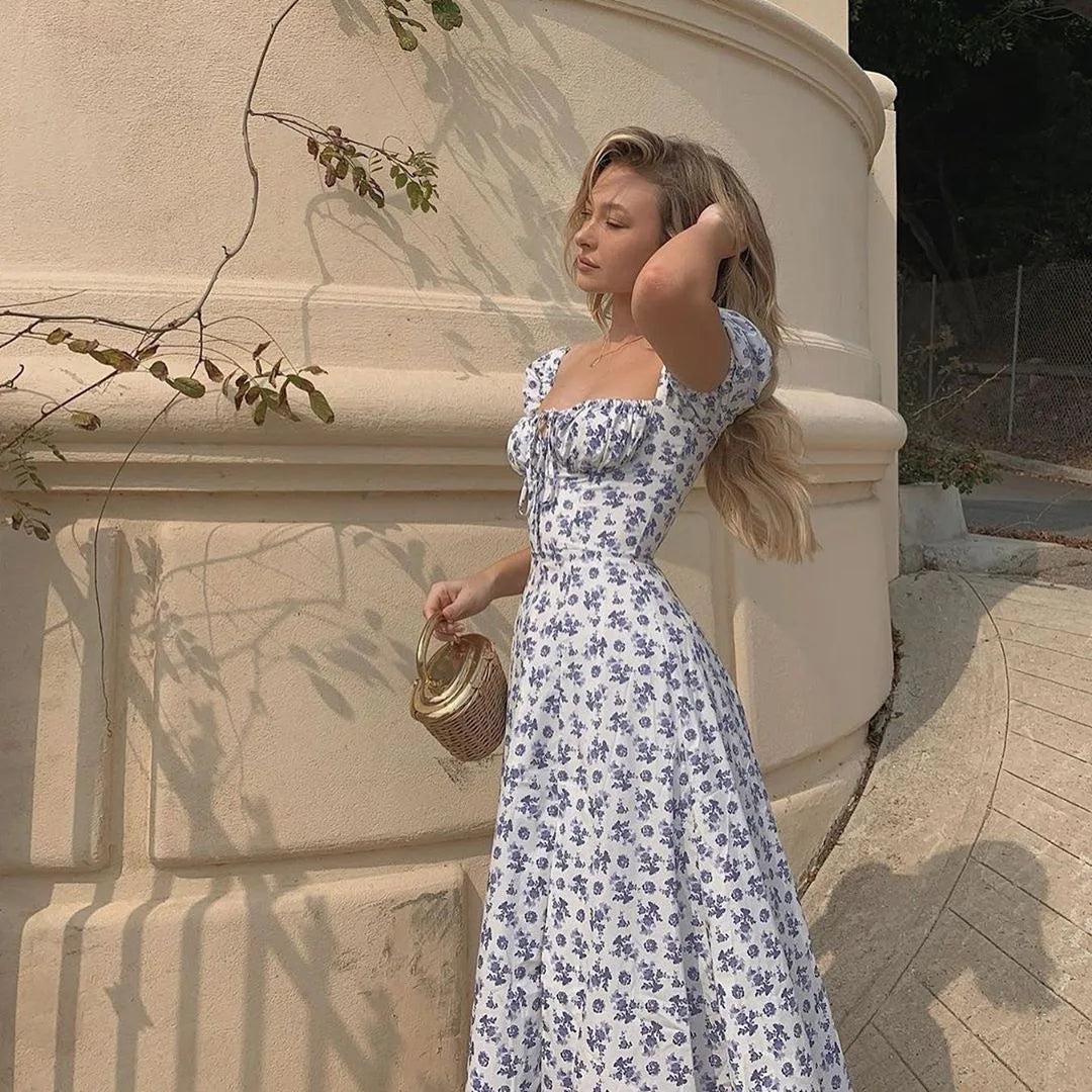 Y2K Vintage Blue Floral Dress – Women’s Elegant Summer Party Puff Sleeve Split Long Dress | Sexy Aesthetic 2024