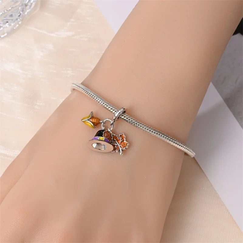 925 Sterling Silver Squirrel & Maple Leaf Charm | Shiny Zircon Autumn Beads Fit Pandora Bracelet DIY Jewelry