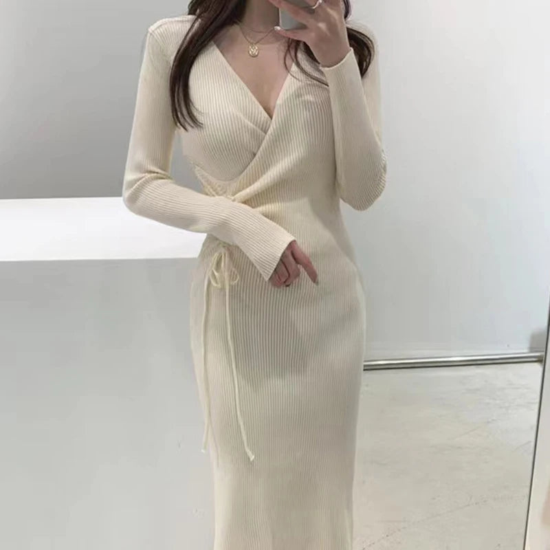 Chic V-Neck Pleated Drawstring Slimming Mid-Length Wrap Dress – Women’s Knitted Sweater Dress | Korean Style High Waist A-Line
