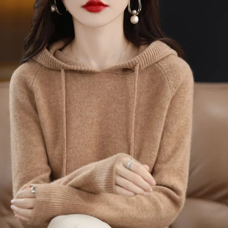 Women Pullover Sweater Hooded Jumper – Korean Loose Fit Solid Long Sleeve Thick Warm Knitted Sweater Autumn Winter