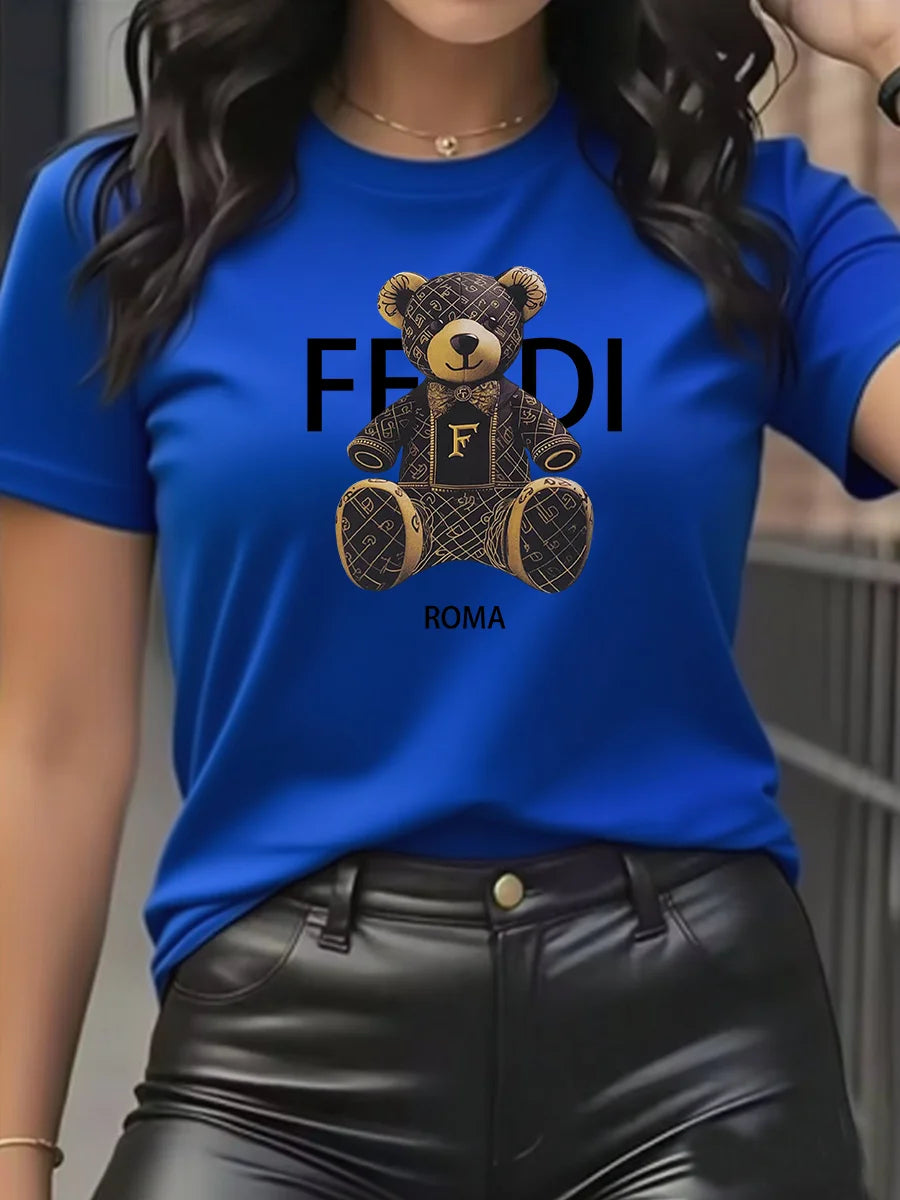 Summer Women’s Teddy Bear Graphic T-Shirt | Light Blue Short Sleeve Casual Crew Neck Top