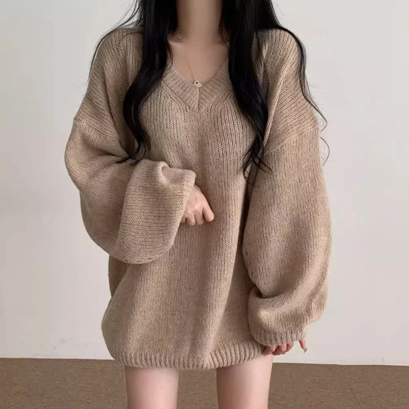 Soft Cozy Knitwear Women’s Loose Sleeve Sweater – Autumn Winter New Fashion V-Neck Long Sleeve Korean Commute Outerwear