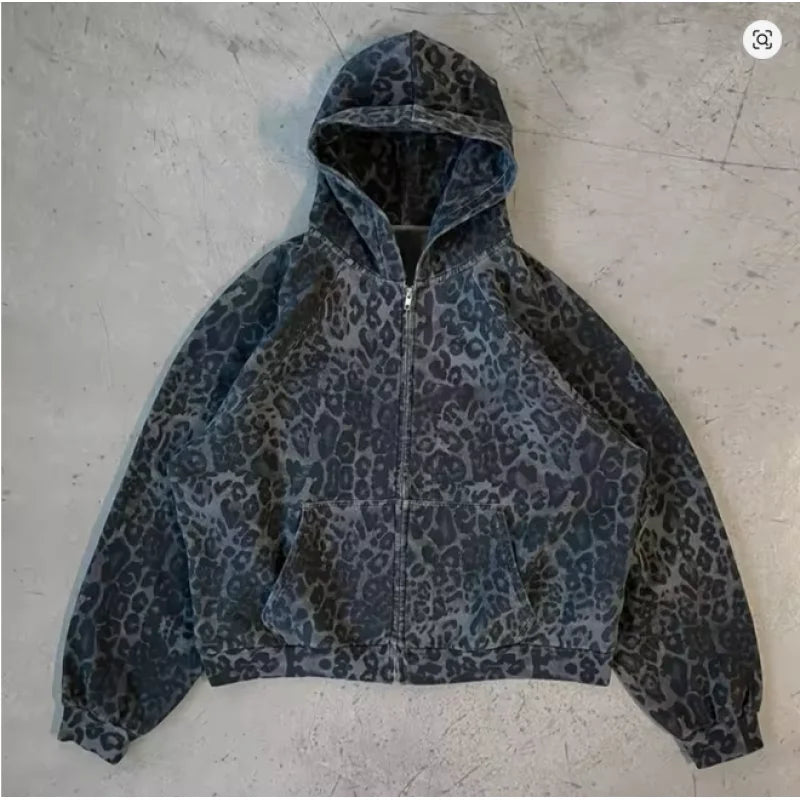 2025 Leopard Print Zipper Hoodie | Harajuku Streetwear Sweatshirt | Warm Autumn Winter Fashion for Women