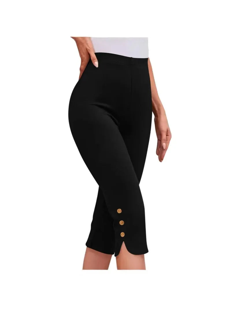 Women’s High-Waisted Elastic Mid-Calf Pants | Seven-Foot Trousers with Button Detail | Comfortable Base Layer Clothing
