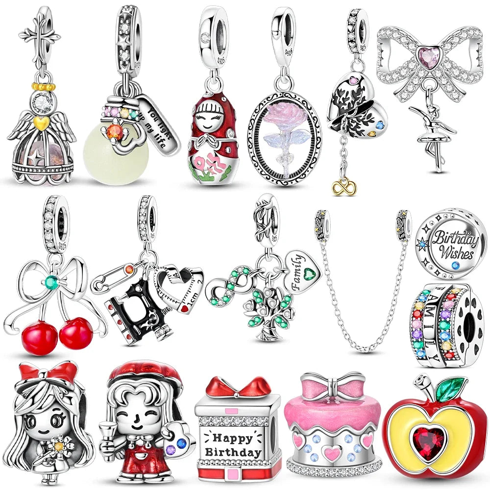 925 Sterling Silver Red Cherry Girl Polka Dot Matryoshka Charms | Bow Beads Fit Original Bracelet DIY Jewelry Gift for Women