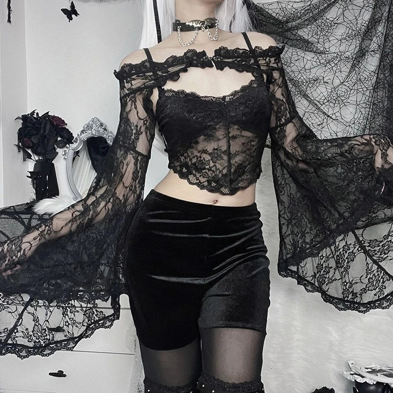 Dark Black Goth Top | Women’s Vintage Flared Sleeve Gothic T-Shirt Y2K Party Wear