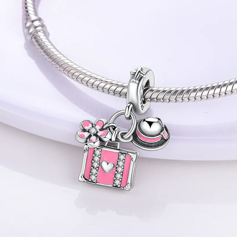 925 Sterling Silver Romantic Princess Charm Beads – Pink Dress, Lipstick & Dancing Shoes Fit 3MM Bracelet