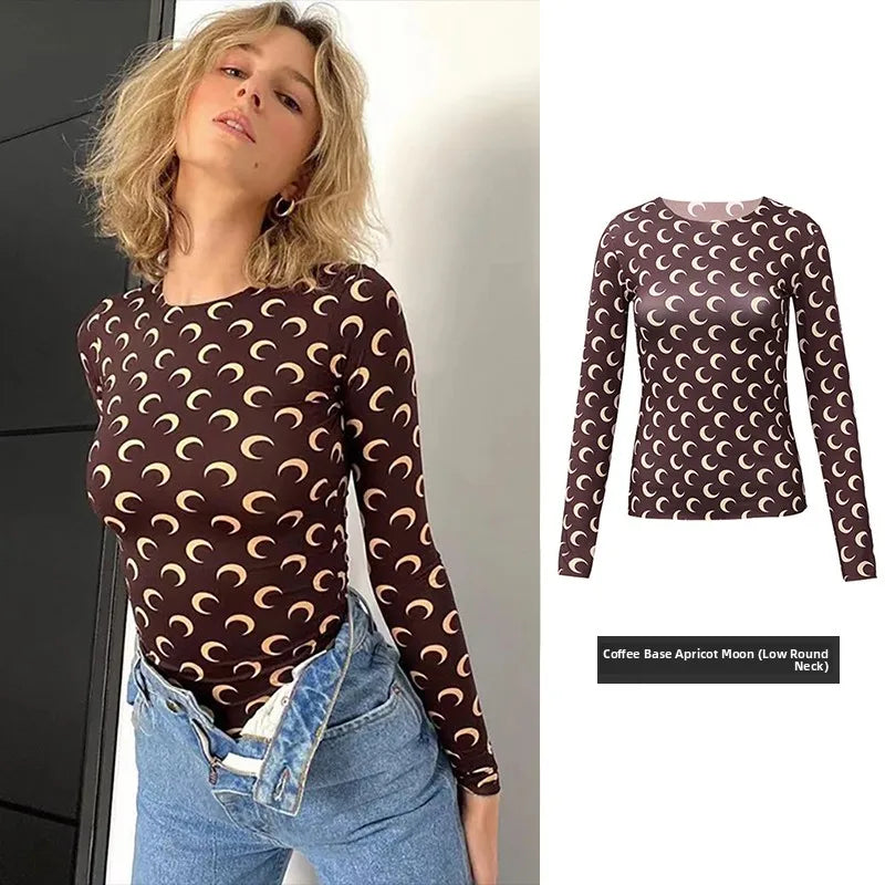 American Retro Women’s Two-Piece Set – Ice Silk Top & Pants with Moon Print Long Sleeve 🌙✨