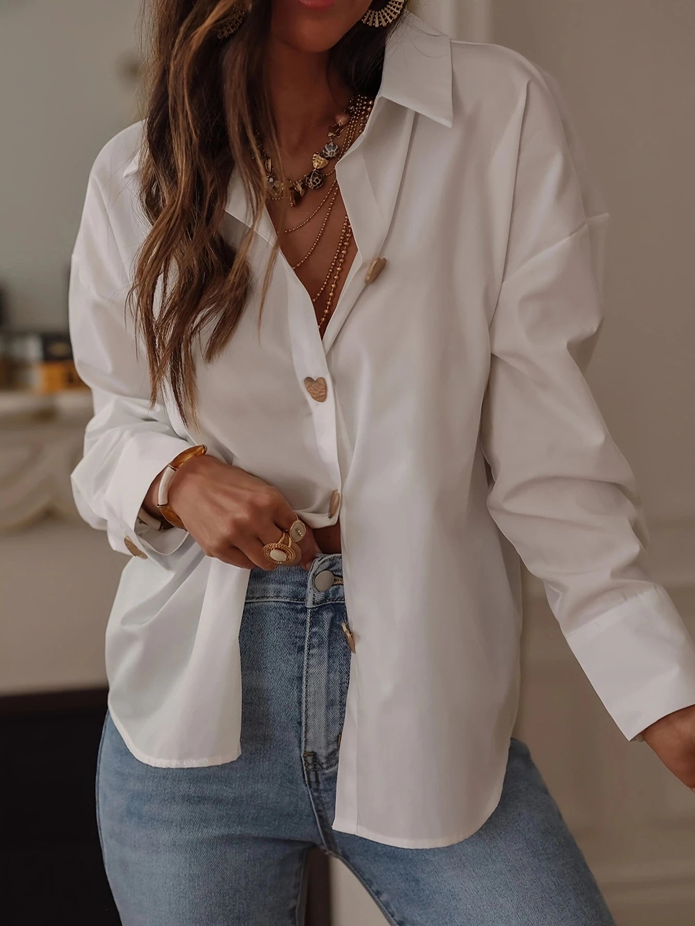 Ladies Solid Color Button-Down Shirt 🌿 Fashion Long Sleeve Top ✨