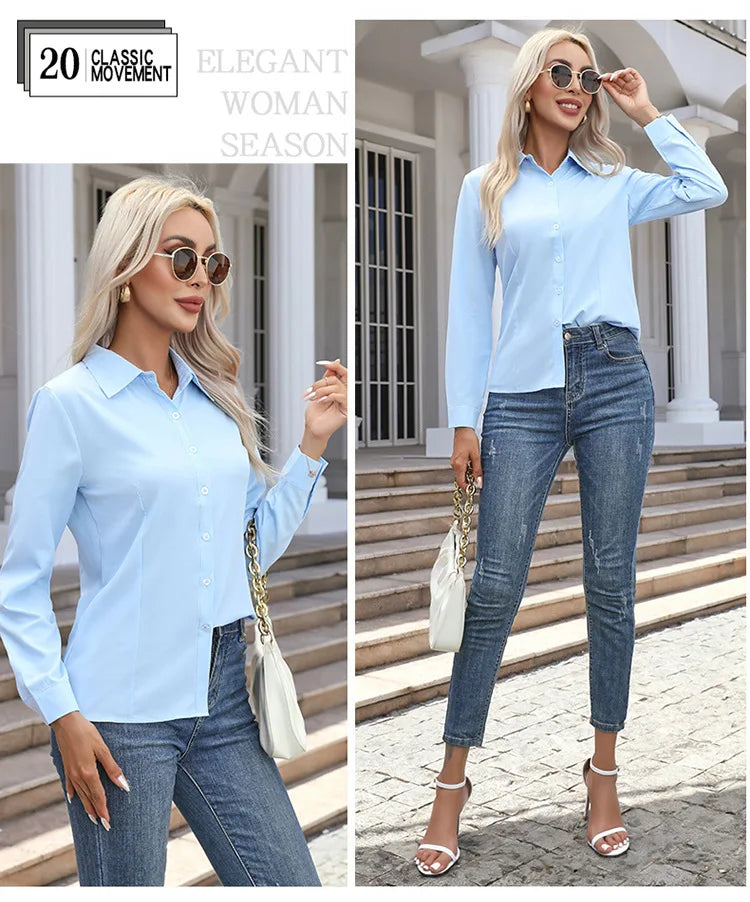 Women’s Solid Color Long Sleeve Shirt – Spring Autumn Casual Turn-Down Collar Loose Top
