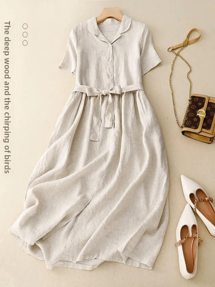Pure Linen Shirt Dress – Women's Summer Lightweight Breathable Long Dress, Loose Plus Size with Slimming Belt