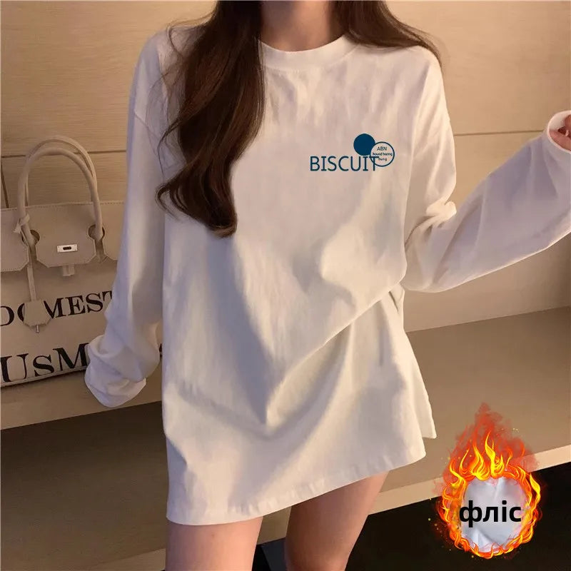 Women’s Long Sleeve Cotton T-Shirt | Fleece-Lined White Base Layer | Loose Fit Autumn Inner Wear