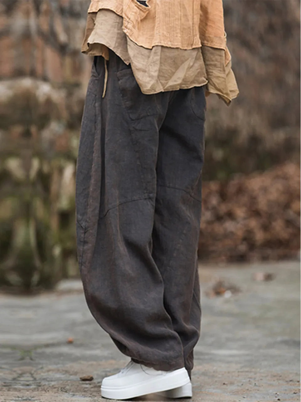 Elegant Women’s Cotton Linen Baggy Cargo Pants – Vintage Elastic Waist Wide-Leg Casual Trousers