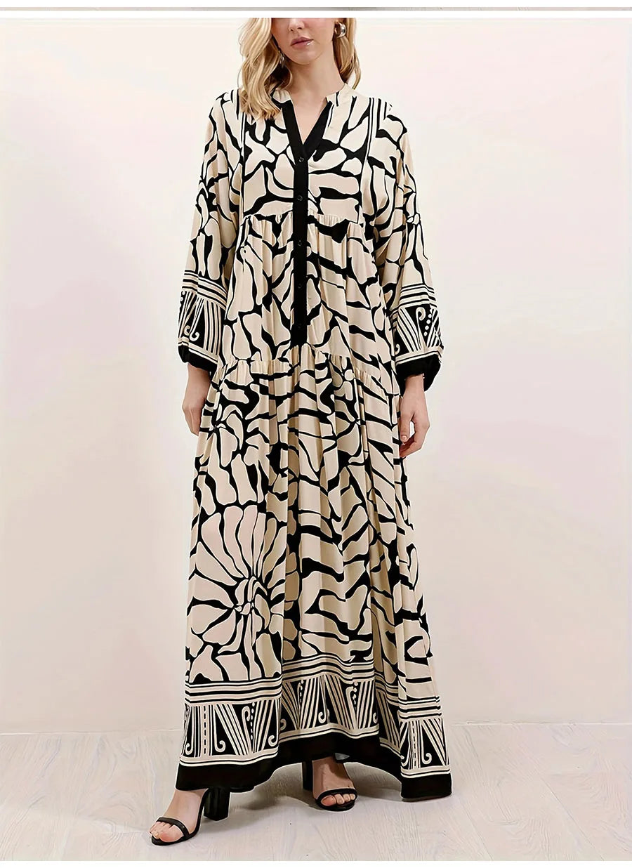 Elegant Long Sleeve V-Neck Loose Maxi Dress for Women | 2025 Autumn Middle East Fashion Casual Long Dress