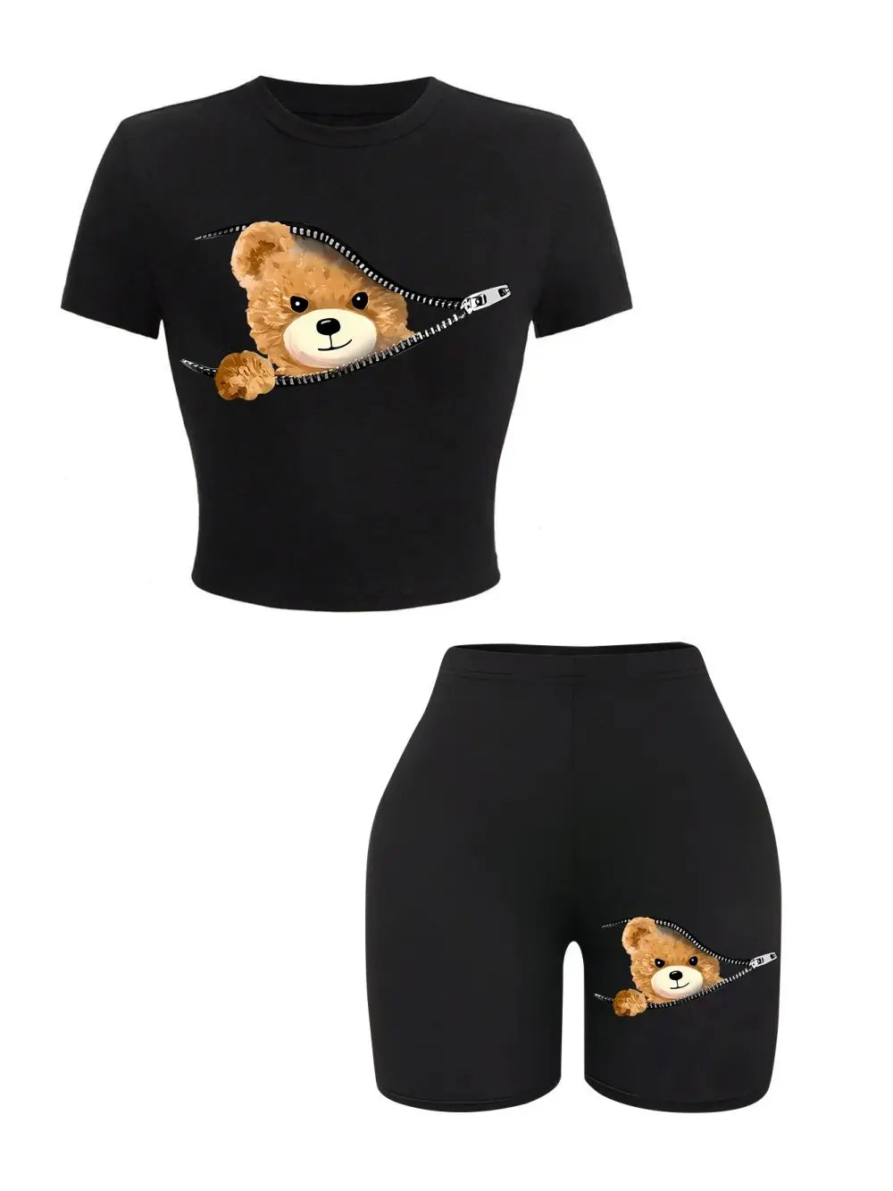 Women’s 2-Piece Slim Crop T-Shirt & Shorts Set – Teddy Bear Zipper Print Sporty Summer Outfit 🧸✨