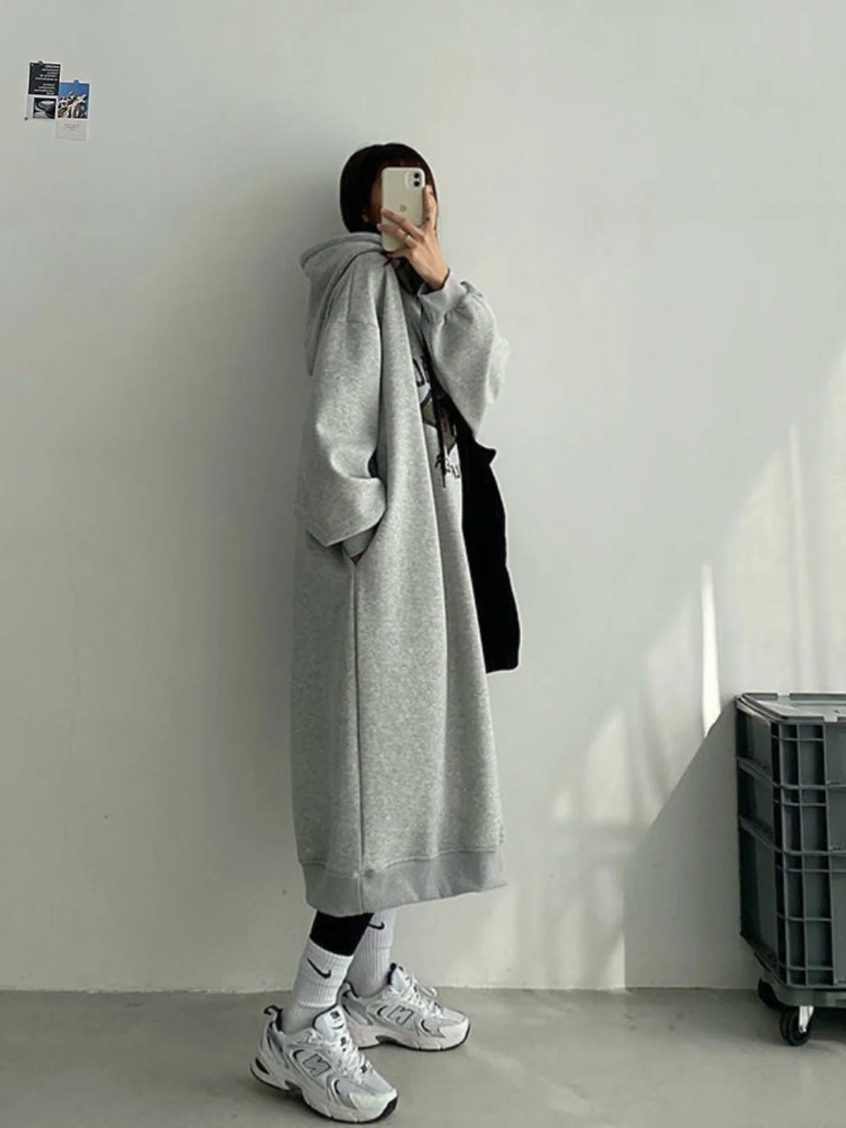 Plus Size Women’s Fleece-Lined Hoodie Dress – Lazy Sleeve Loose A-Line Skirt with Lettering | Autumn & Winter