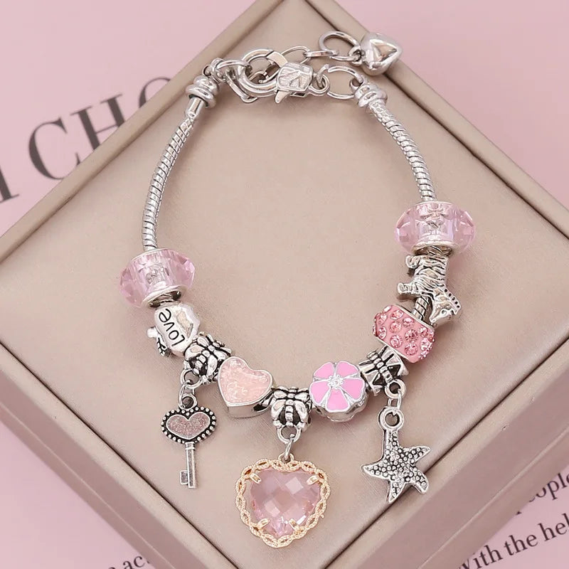 Trendy Colorful Pandora Lucky Rainbow Charm Bracelet | Four-Leaf Clover, Starfish & Heart Pendants