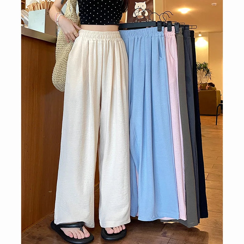Summer Women Colorful Ice Silk Pants | High Waisted Wide Leg Trousers | Baggy Straight Leg Casual Pants