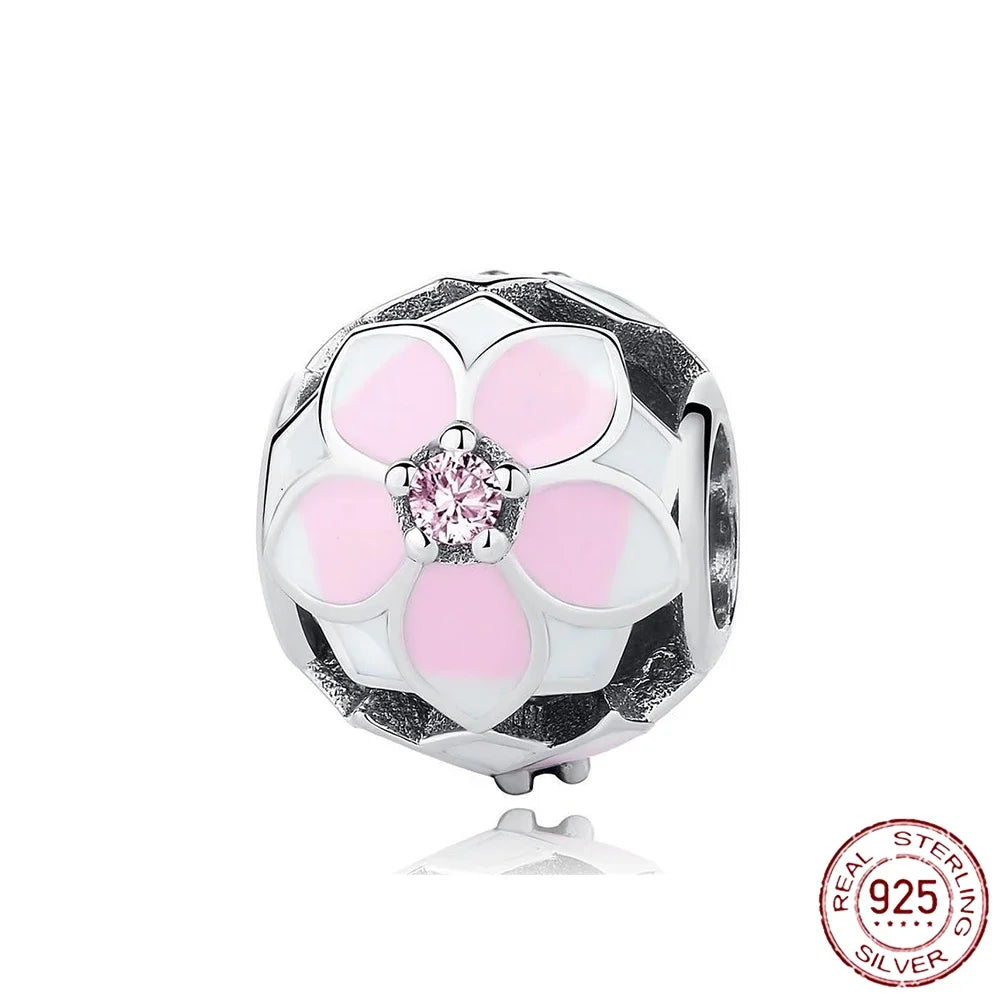 Romantic Pink Flowers 925 Sterling Silver Charms | Bag Lipstick Heart Bow Rose Bead Fit Original Bracelet DIY Jewelry Gift