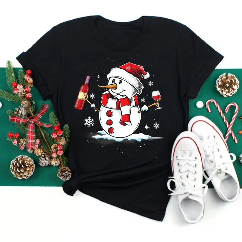 Women’s Christmas Wine Glass T-Shirt | Funny Holiday Black Tee Xmas Gift Top 2025
