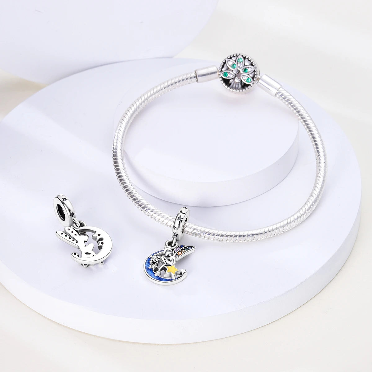 Silver Plated Colorful Glowing Moon & Stars Rainbow Dangle Charms | Fit Original Bracelet & Necklace | Women’s Jewelry Beads
