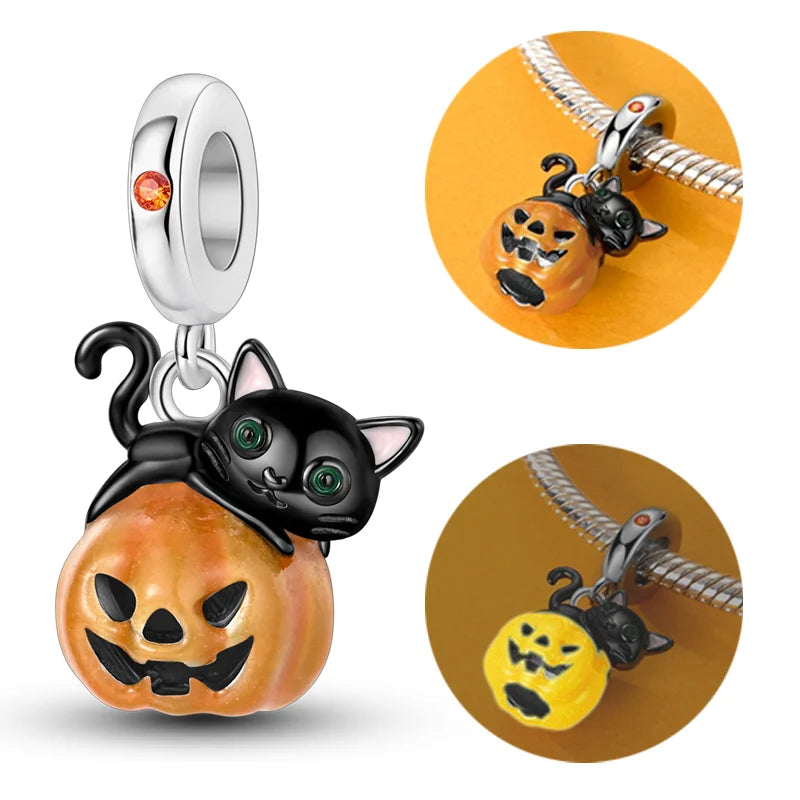 Halloween 925 Sterling Silver Charms | Pumpkin Skeleton Witch Bat Beads for Bracelet DIY Jewelry