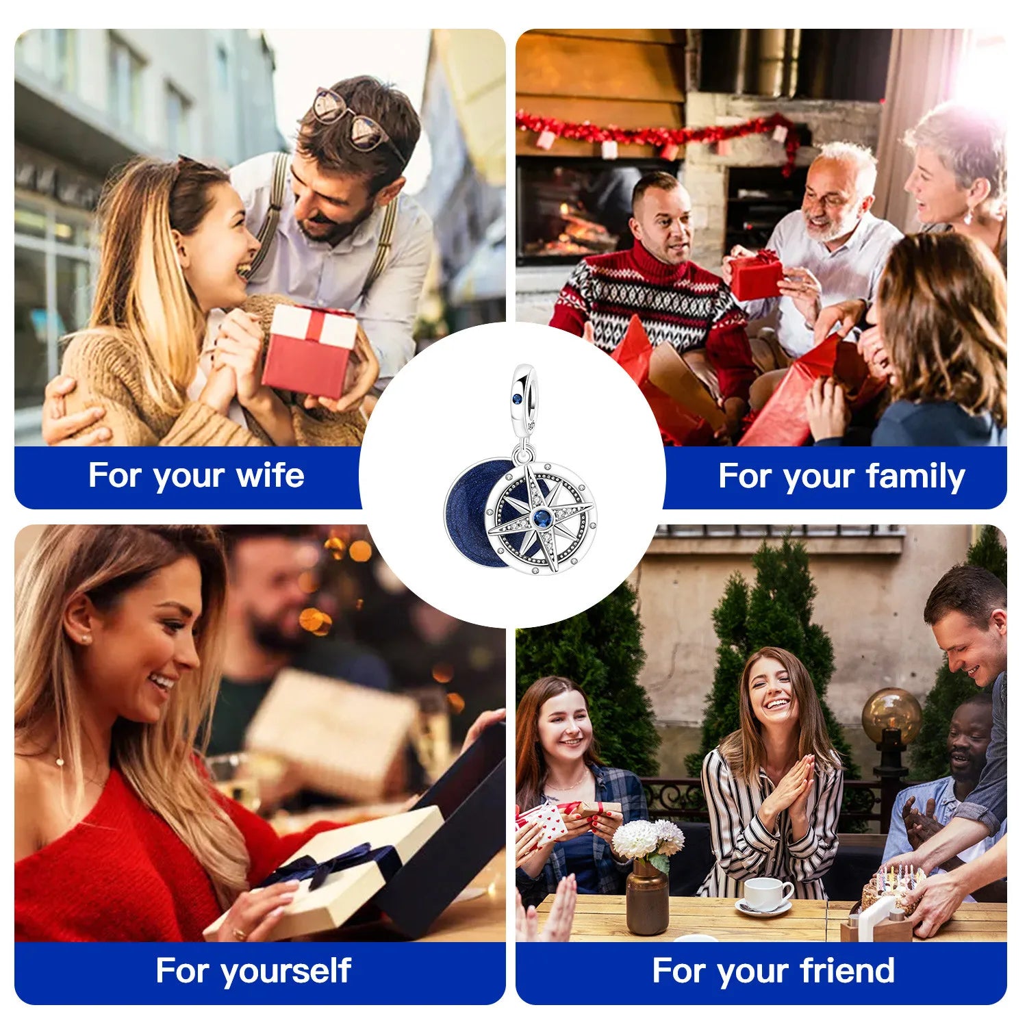 925 Sterling Silver Blue Star Compass Charm Pendant | Fit Bracelet DIY Jewelry Gift for Women