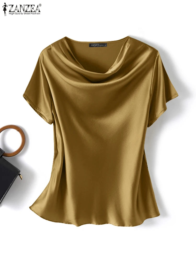 Women’s Summer ZANZEA Satin Blouse 2024 – Short Sleeve O-Neck Oversized Tunic 👚☀️