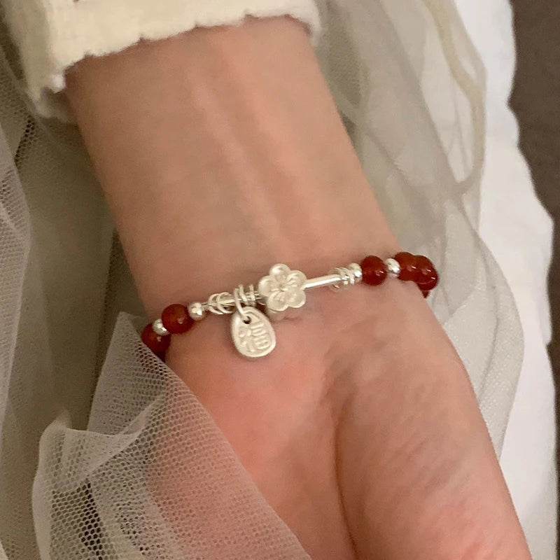 VENTFILLE 925 Sterling Silver Red Agate Bracelet | Flower Pendant Lucky Bead | Original Jewelry Gift for Women