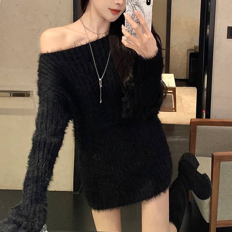 Fuzzy Knit Sweater for Women – Soft Fluffy Boat Neck Tunic Top | Rib-Knit Fitted Plain Jumper Autumn Winter Basic Outfit