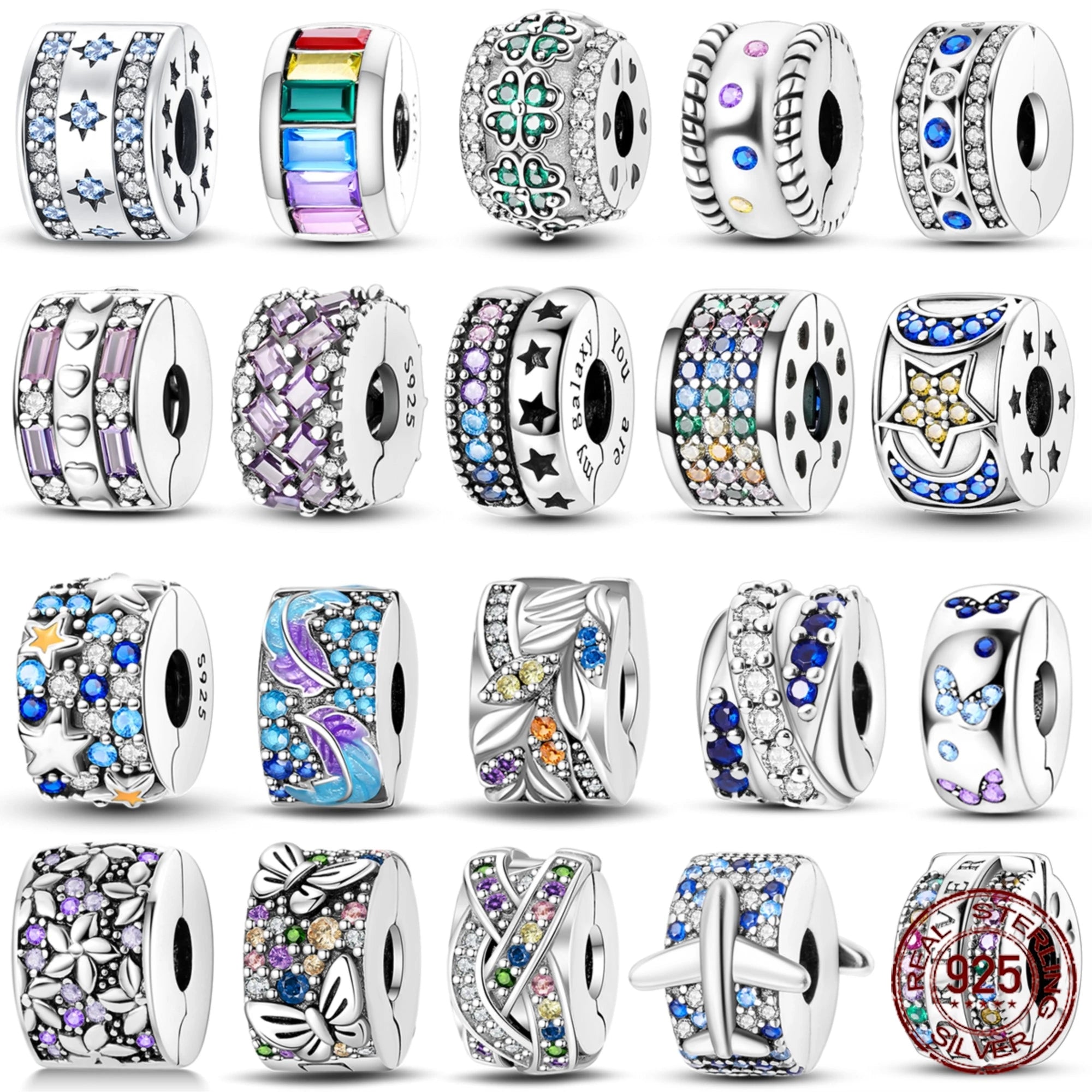 925 Sterling Silver CZ Pave Daisy Clip Charm & Safety Chain – Fits Original Pandora Bracelet, Women’s Silver Stopper Beads Jewelry