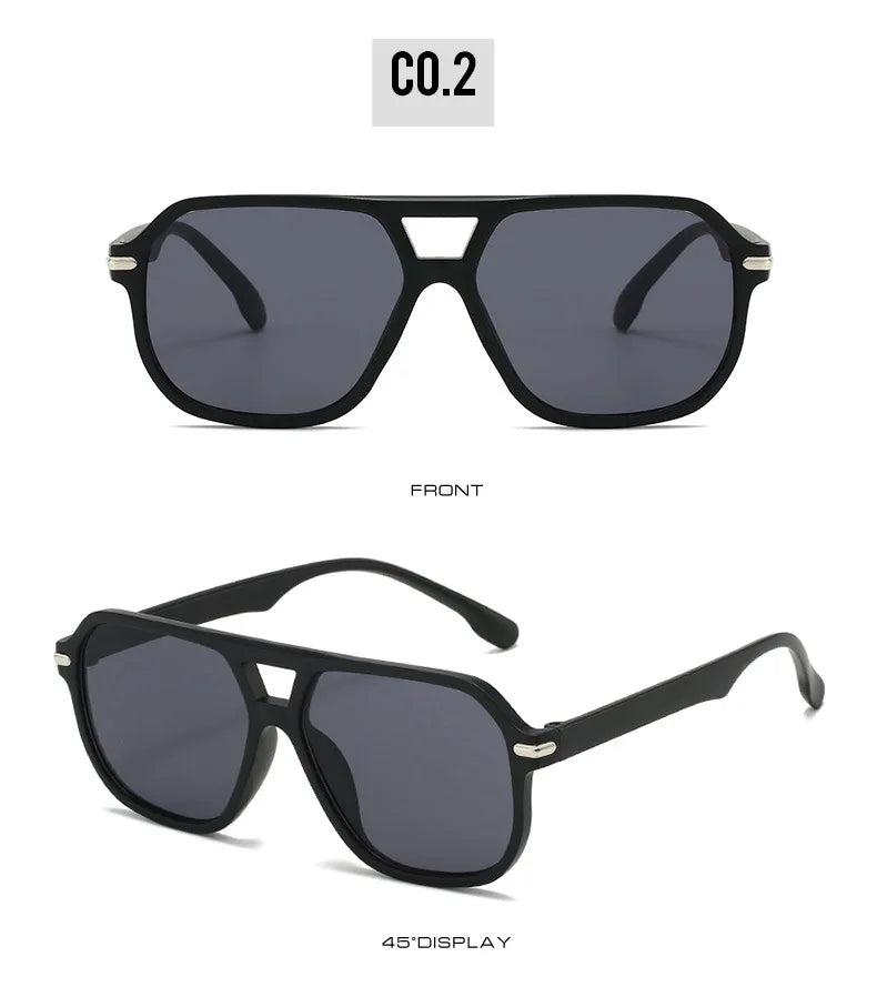 Retro Big Frame Square Sunglasses – Women & Men Double Beam One-Piece Designer Pilot Sun Glasses | Black Circular Cool Shades