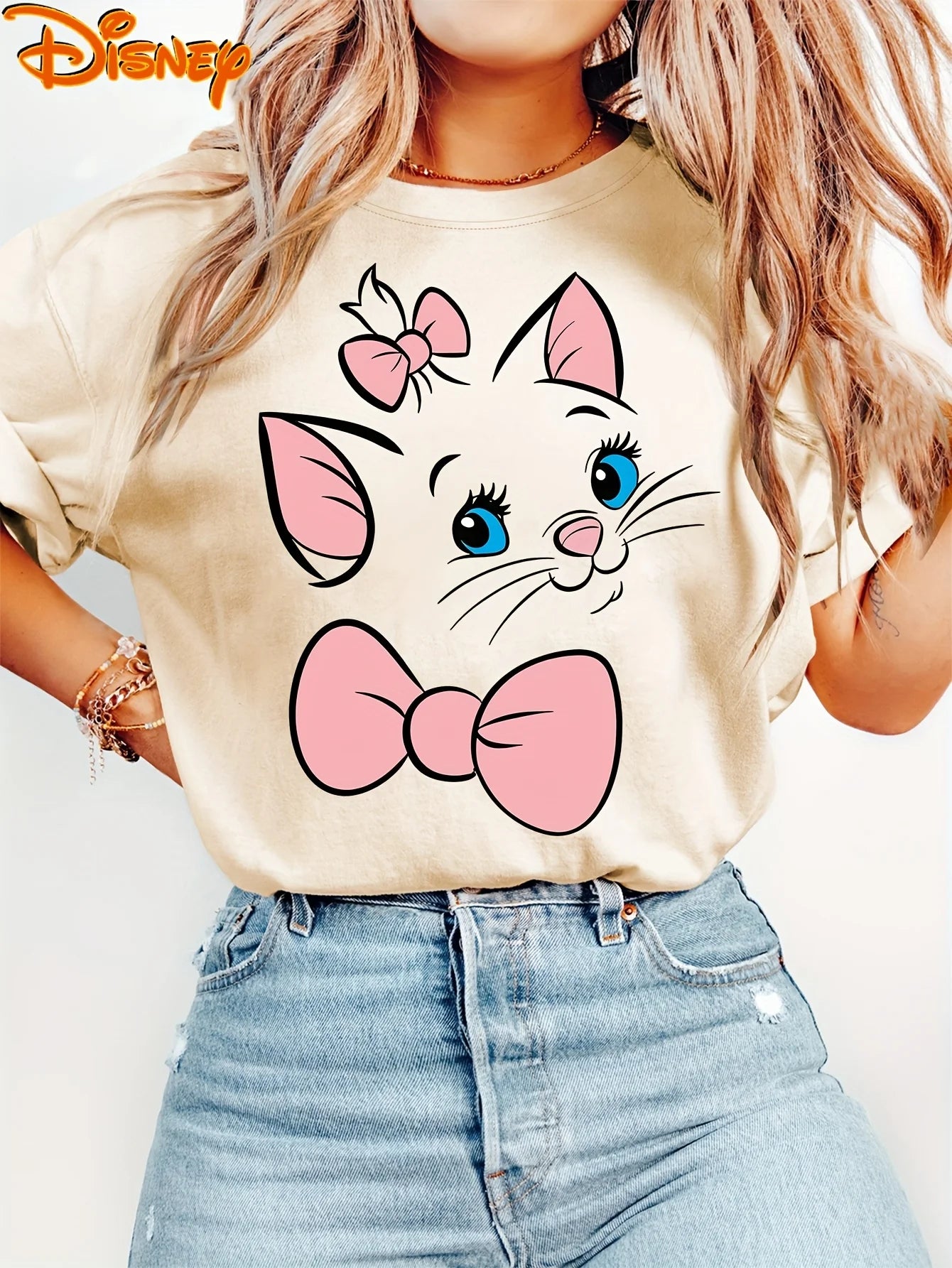 Women’s Disney Marie Cat & Pink Bow T-Shirt – Men Cotton Oversize O-Neck Casual Tee