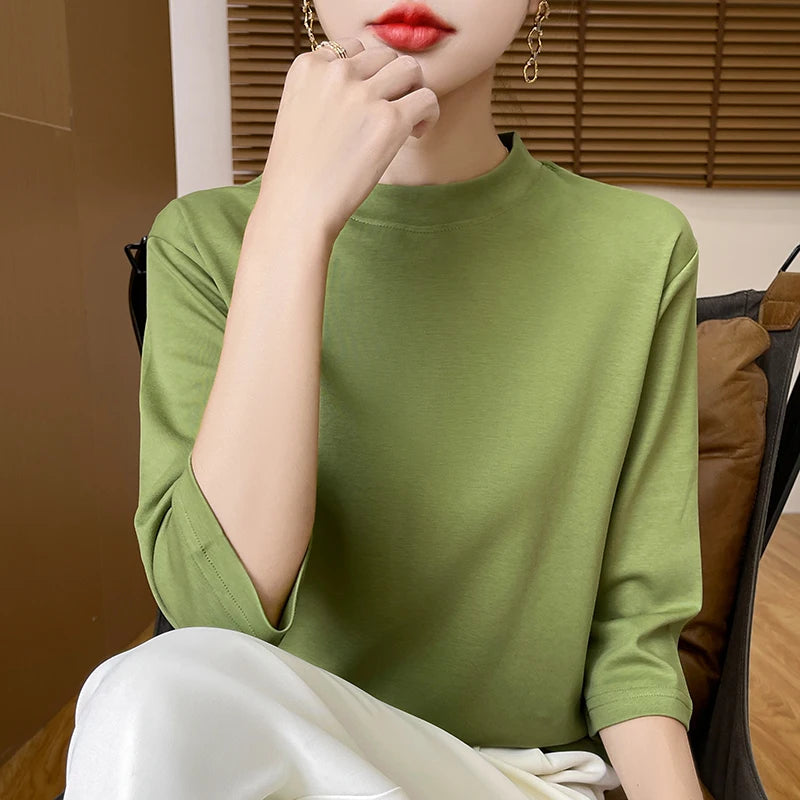Women’s Cotton T-Shirt | Semi-High-Neck Cropped Sleeve Top | Loose Solid Color Summer & Autumn Bottoming Tee