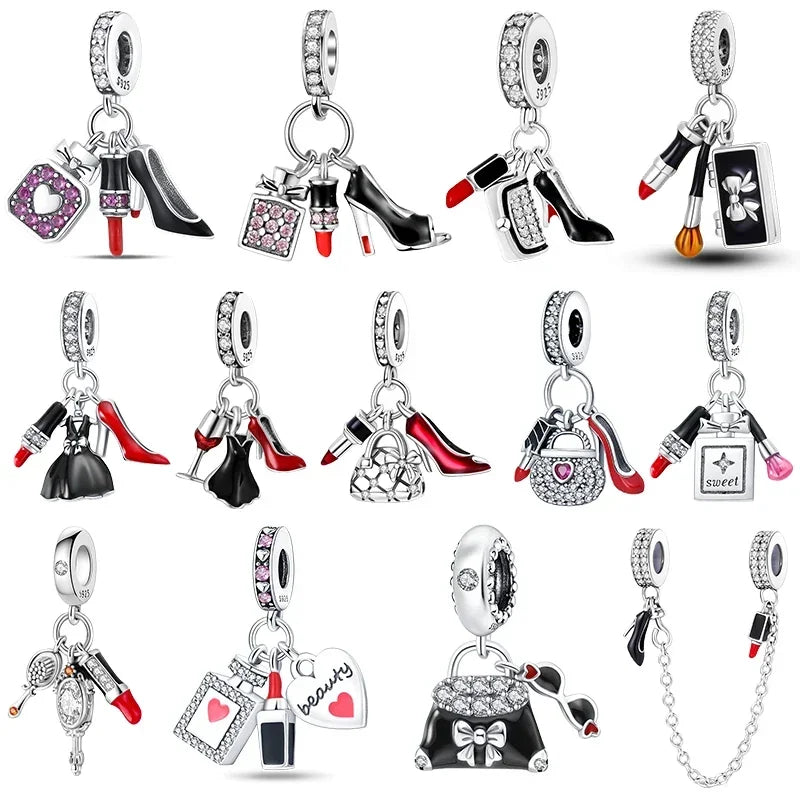 925 Sterling Silver Fashion Life Series Charms – High Heels, Lipstick, Dress & Perfume Beads Fit Pandora Bracelets DIY