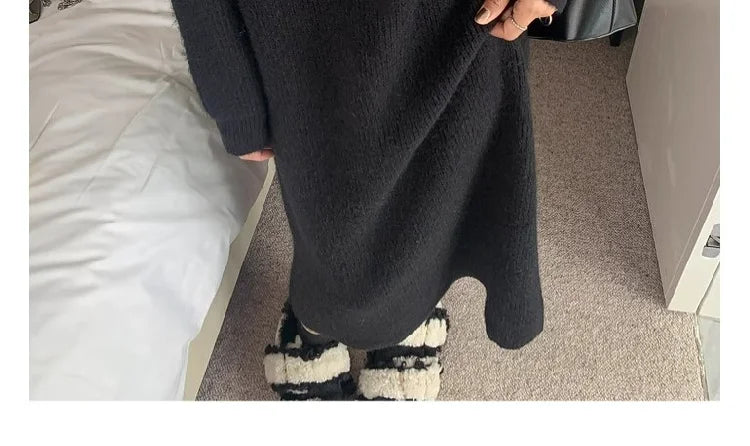 2025 Spring Autumn Knitted Midi Dress for Women | Long Sleeve Loose Fit Base Layer Straight Cut Polyester Dress