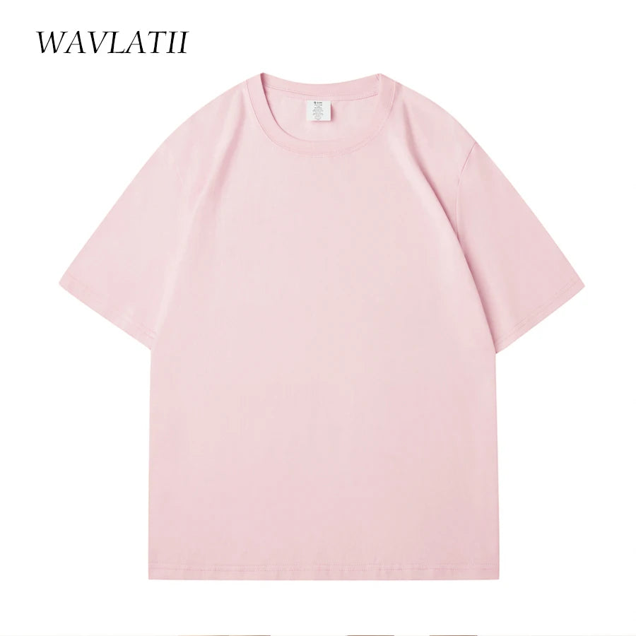 WAVLATII 100% Cotton Solid T-Shirts for Women | Oversized Casual Summer Tees | Pink & White Short Sleeve Tops WT2401