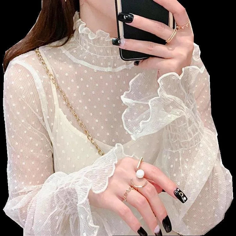 Women’s Lace Base Mesh Top – Autumn Winter Fairy Bell Sleeve Polka Dot Inner Shirt ✨❄️